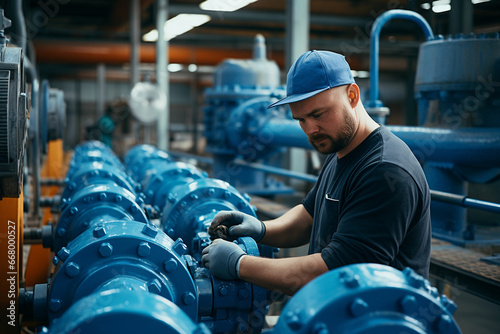A worker at a water supply station inspects water pump valves equipment in a substation for the distribution of clean water at a large industrial estate. Water pipes photo