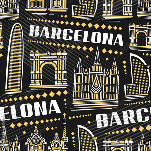 Vector Barcelona Seamless Pattern, square repeating background with illustration of famous european barcelona city scape on dark background, decorative line art urban poster with white text barcelona