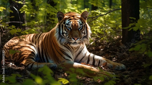 The striking pattern of a tiger s fur  captured in the dappled sunlight of a forest clearing.