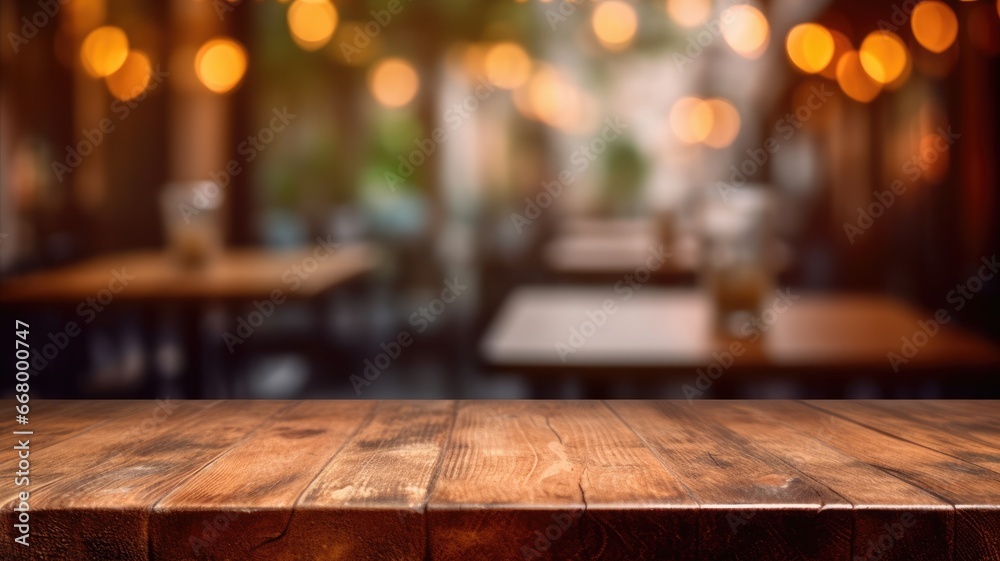 The empty wooden table top with blur background of indoor vintage cafe. Exuberant image. generative AI