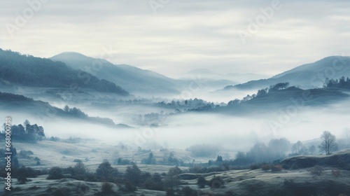 The tranquil beauty of a fog-covered valley, trees peeking through the mist.