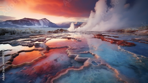 The surreal landscape of a geothermal spring, colors vivid and otherworldly.