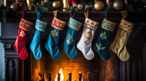 Vibrant Christmas stockings hung in a row over a roaring fireplace. © baloch
