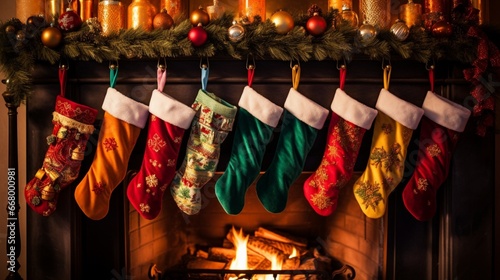 Vibrant Christmas stockings hung in a row over a roaring fireplace.