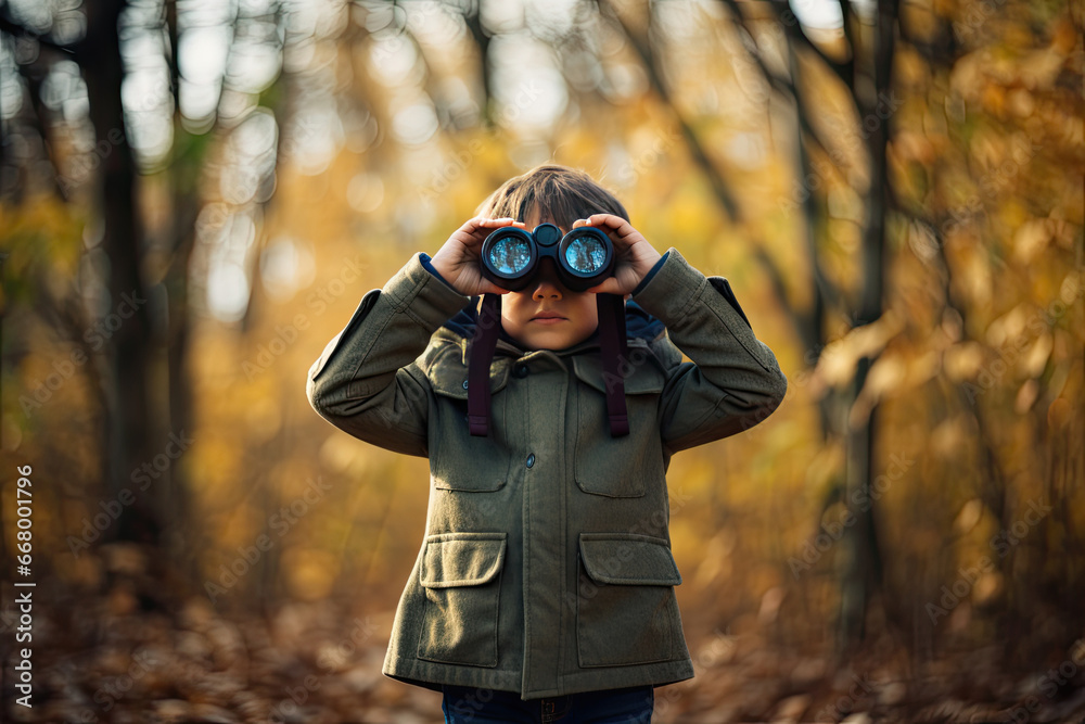 Little boy looking through binoculars in the park. Kid exploring nature Little boy looking through binoculars in the park. Kid exploring nature