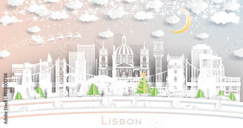 Lisbon Portugal. Winter City Skyline in Paper Cut Style with Snowflakes, Moon and Neon Garland. Christmas, New Year Concept. Lisbon Cityscape with Landmarks.