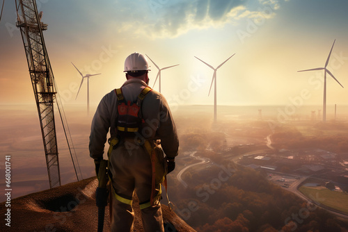 A worker standing above a wind turbine in a harness looks at the view