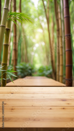 empty wooden desk with blurred background of bamboo forest