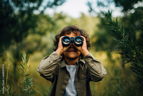Little boy looking through binoculars in the park. Kid exploring nature photo
