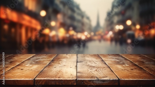 The empty wooden table top with blur background of European street. Exuberant image. generative AI