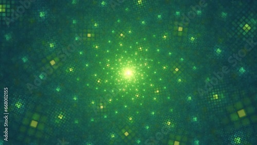 Green checkered background with rotating glowing elements. Curved waves, fluids circulating, forming spiral in center. Abstract backdrop with sparkling particles transformations. 4K UHD 4096x2304 photo