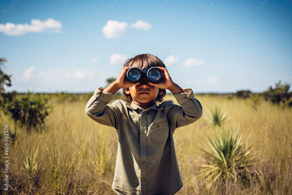 Little boy looking through binoculars in the park. Kid exploring nature Little boy looking through binoculars in the park. Kid exploring nature
