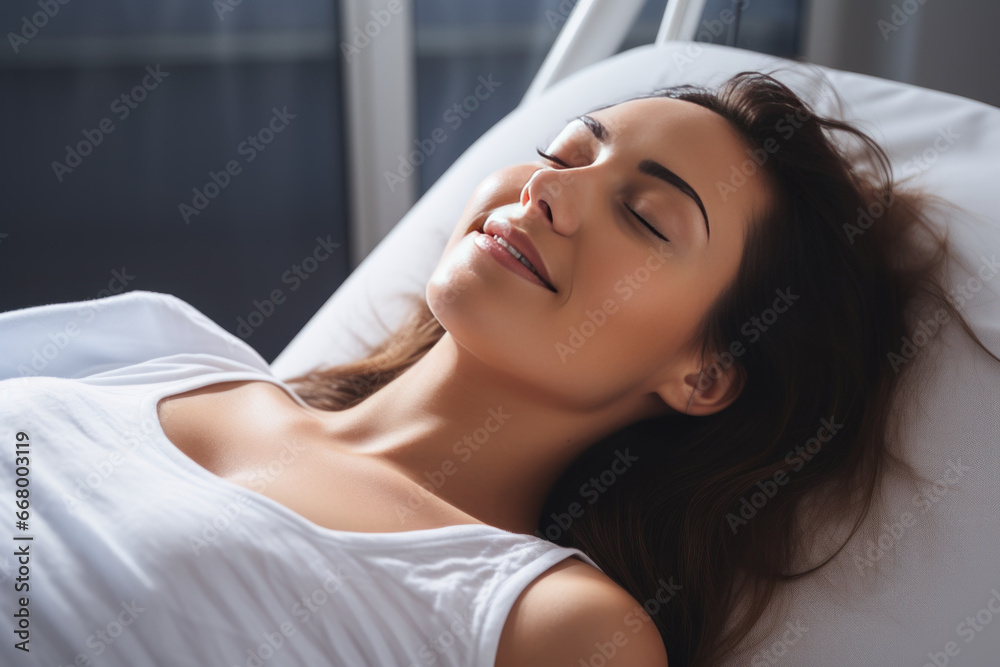 A Brunette woman lying comfortably in bed A Brunette woman lying comfortably in bed
