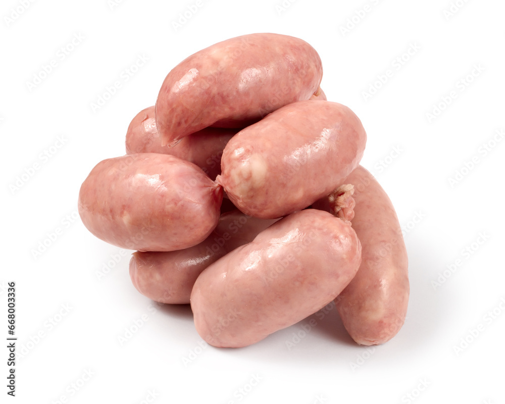 Pile of raw meat sausages on a white background. Meat sausages close-up. Pile of raw meat sausages on a white background. Meat sausages close-up.