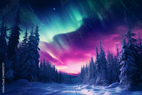 Winter night forest with mesmerizing aurora borealis above. Generative AI © Ethan