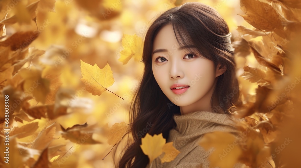 Asian woman with beautiful face behind autumn leaves