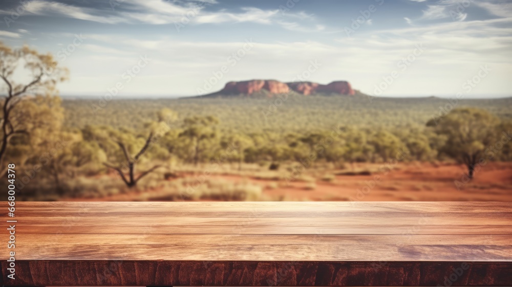 The empty wooden table top with blur background of Australian outback. Exuberant image. generative ai - obrazy, fototapety, plakaty 