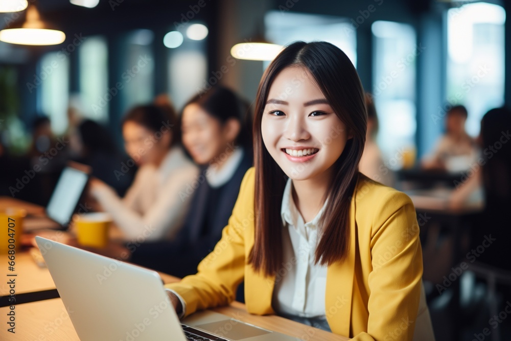 Portrait of young woman working on laptop computer in modern office, Confident employee smiling happily while working with coworkers. Portrait of young woman working on laptop computer in modern office, Confident employee smiling happily while working with coworkers.