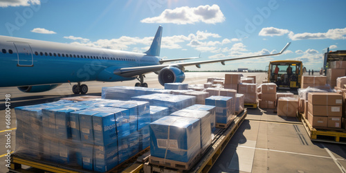 Transport plane at the airport. Workers load goods and cargo onto the plane. Cargo pallets. Air freight.