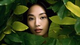 Woman asian with beautiful face behind tropical leaves