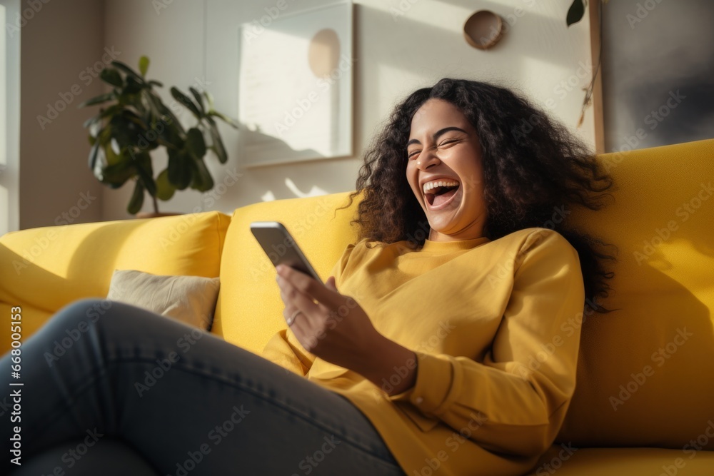 Happy excited young woman relaxing on couch using mobile phone winning in online app game. Young lucky girl feeling winner looking at cellphone, receiving great news or discount offer. - obrazy, fototapety, plakaty 