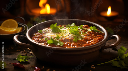 Steaming Indian food called "dal makhani" on a rustic clay bowl in an authentic Punjabi kitchen.