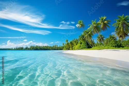 Stunning beach paradise with tropical island, clear lagoon, palm trees, sand waves, and sunny sky. Perfect holiday backdrop. Generative AI