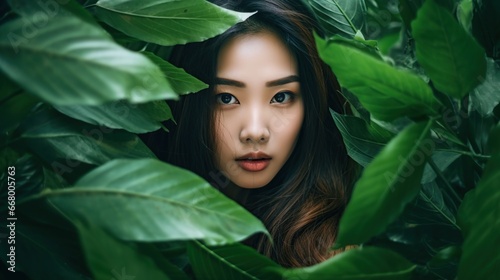 Woman asian with beautiful face behind tropical leaves