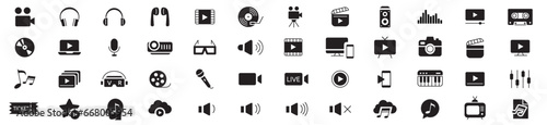 Content line icons editable set vector. Music Camera Audio Dj Piano Video Media Microphone Webcam Television Earphones Cinema