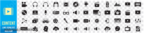 Content line icons editable set vector. Music Camera Audio Dj Piano Video Media Microphone Webcam Television Earphones Cinema