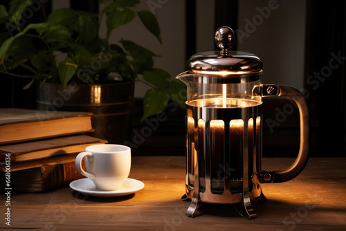 Photo of a French press coffee maker on a table