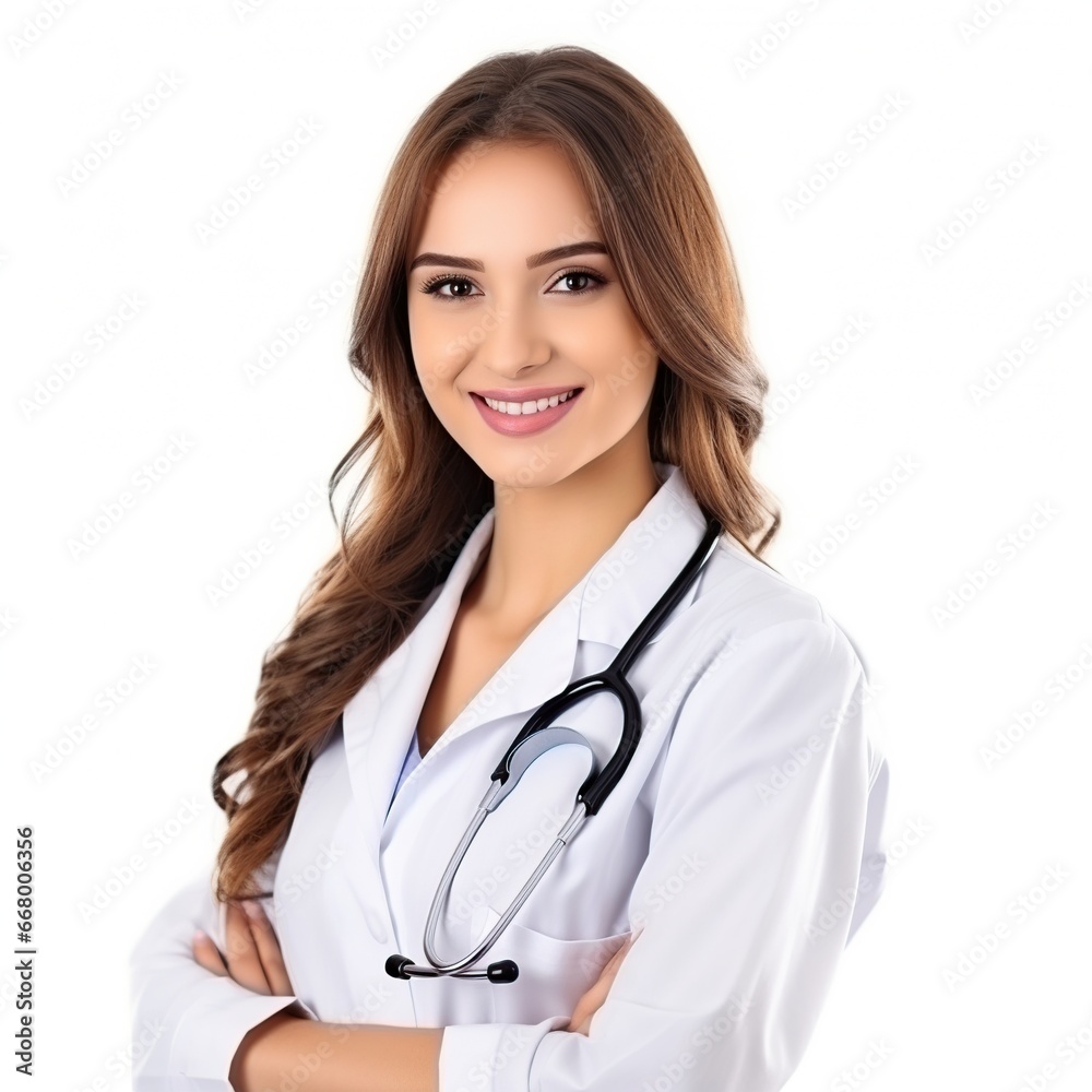Female doctor wearing a white coat and stethoscope. Isolated on white. Female doctor wearing a white coat and stethoscope. Isolated on white.