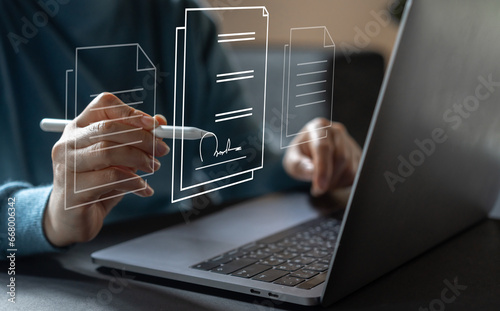Human signing documents with pen, online business contract electronic signature, technology, e-signing, digital document management, paperless office, signing business contract concept.