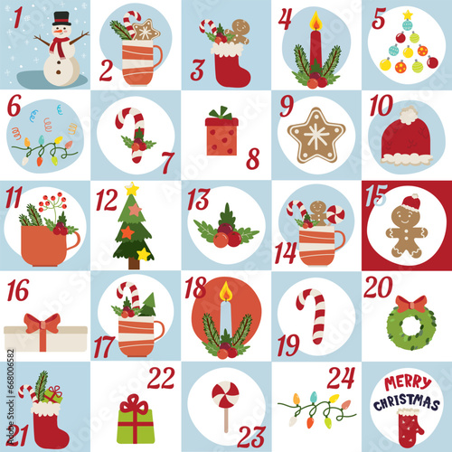 Christmas advent calendar with gingerbread cookies, candle ,branch  and doodle elements. Winter holiday theme. Vector illustration in flat style isolated on white background.