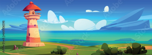 Lighthouse on sea coast landscape vector illustration. Coastline with light house and seascape view. Navigation beacon building in peaceful environment with green grass, blue sky and water panorama