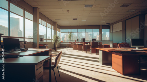 The conference table is empty in the morning at the office.