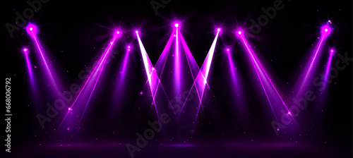 Purple spotlight on stage with glowing effect. Realistic vector illustration of concert or show projector lights on black background. Bright lamp beams and rays on entertainment, club or festival.