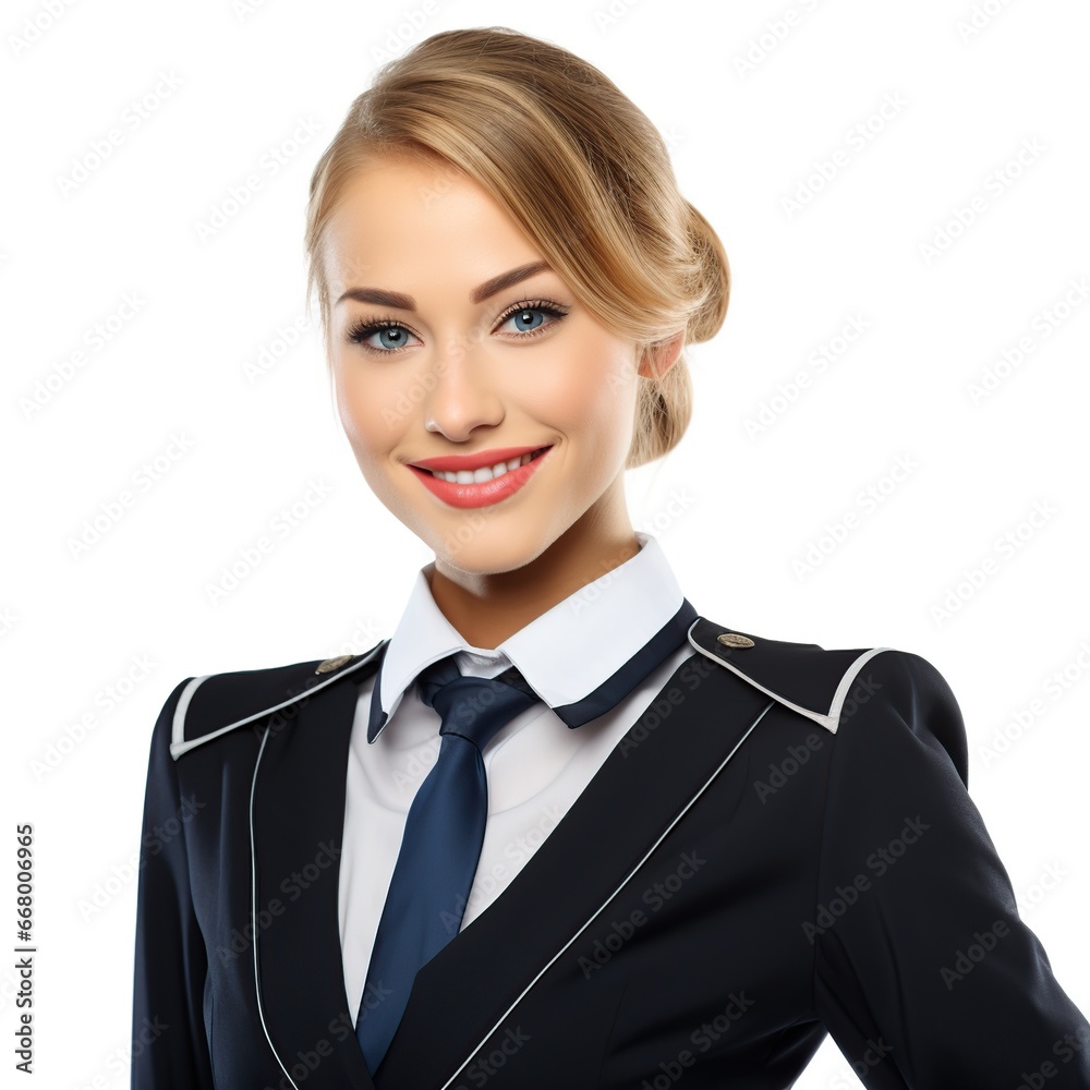 Portrait of charming stewardess wearing uniform. Isolated on white background. Portrait of charming stewardess wearing uniform. Isolated on white background.
