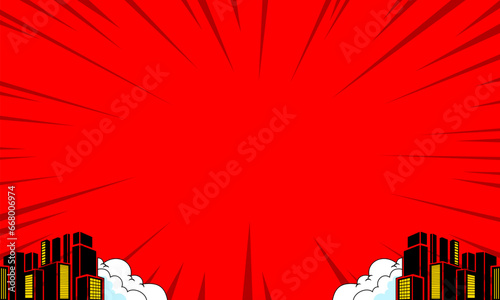 Comic cartoon red background with cloud and city silhouette