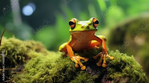 Gliding frog, flying frog pose on moss blurred nature background. AI generated image