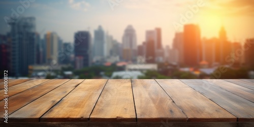 The empty wooden table top with blur background of sky lounge on rooftop with cityscape view. Exuberant image. generative AI