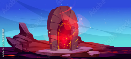 Magic portal on rocky island landscape. Vector cartoon illustration of stone arch on mountain platform, hot lava on ground, burning sparkles glowing in tunnel, road to hell, adventure game background