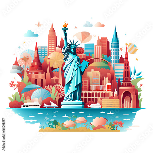 America country travel concept drawing on transparent background.