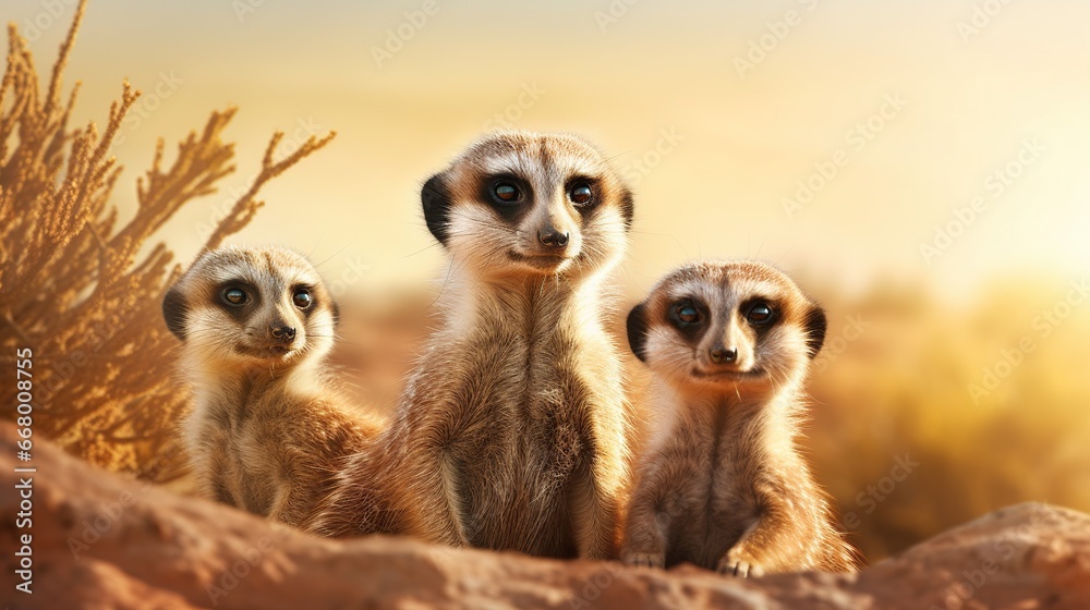 Fototapeta premium Funny animal Meerkat family see out. AI generated image