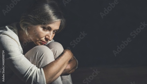 Fearful Middle-Aged Woman Embracing Knees with Copyspace photo