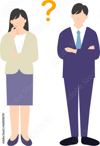 考えるポーズの男女のビジネスパーソン