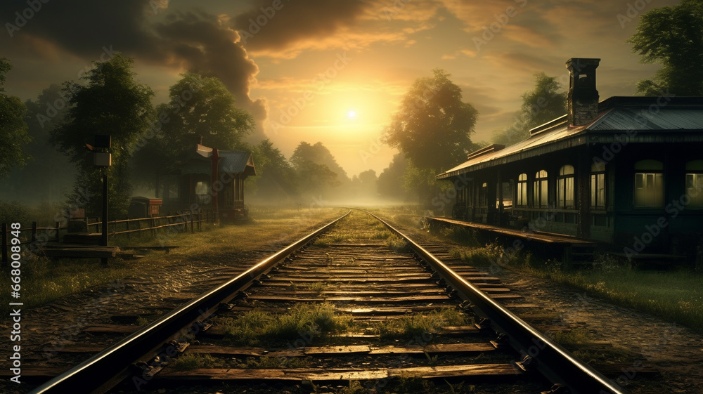 railway at the countryside in the morning - obrazy, fototapety, plakaty 
