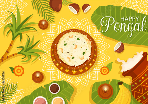 Happy Pongal Vector Illustration of Traditional Tamil Nadu India Festival Celebration with Sugarcane and Plate of Religious Props in Flat Background