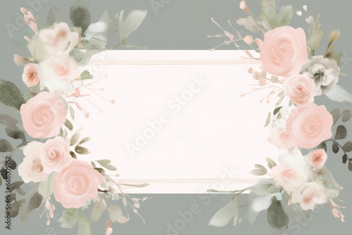 An empty template for a wedding invitation in pastel colors. A blank sheet of paper lies on a plain background surrounded by flowers. © Mirador