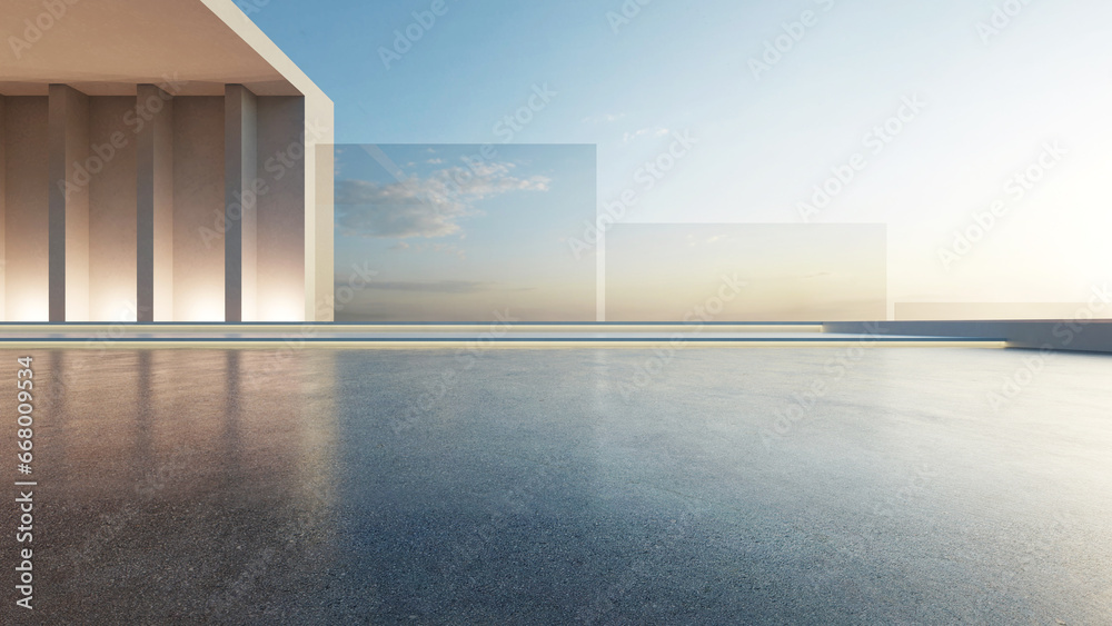 3d render of abstract futuristic architecture with empty concrete floor. Scene for car presentation. - obrazy, fototapety, plakaty 
